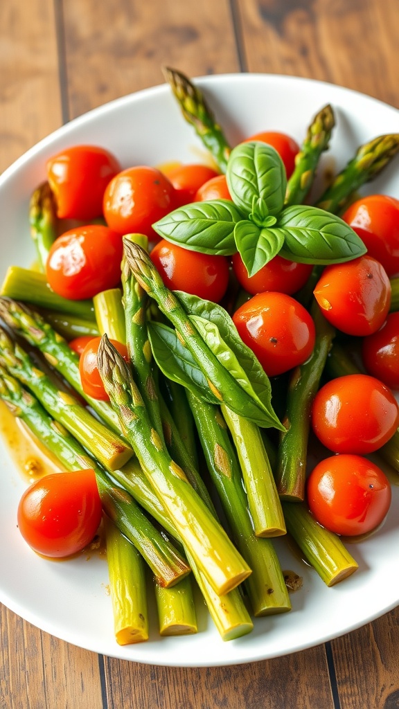 Sautéed asparagus and cherry tomatoes on a plate with fresh basil, presented on a rustic table.
